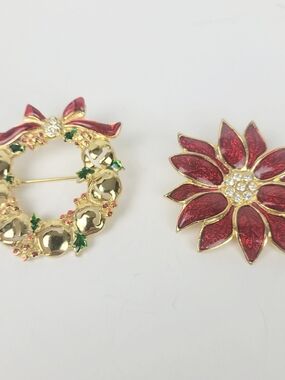 Lot of 2 Brooch~Gold Tone Rhinestone Christmas Bell Wreath~SFJ Enamel Poinsettia
